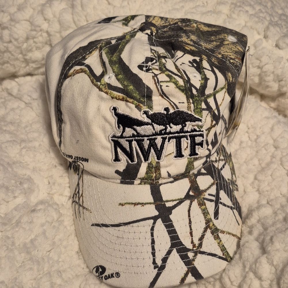 NWTF Turkey Mossy Oak Winter White Camo Velcroback Hat - New
